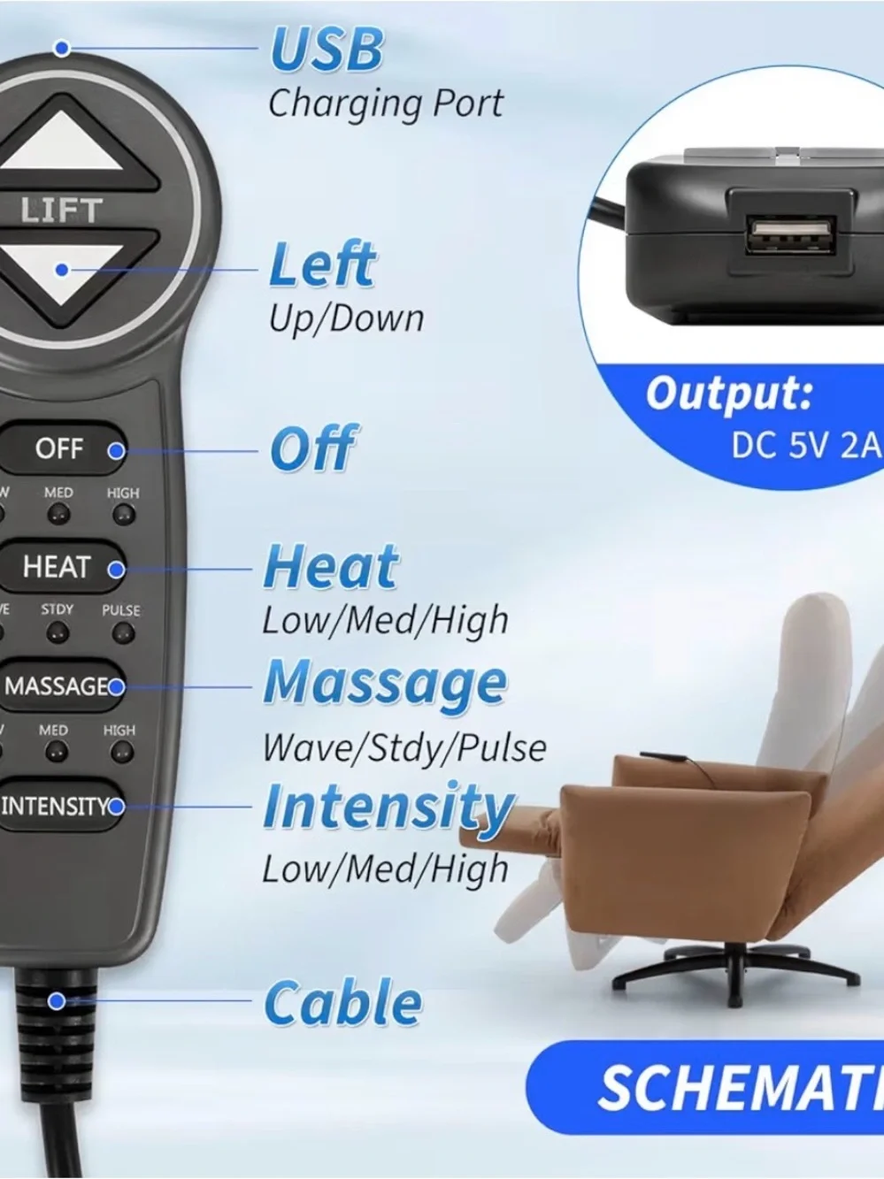 MLSK55- A1 Lift Chair Prong Hand Control Remote w/ USB 6 Function